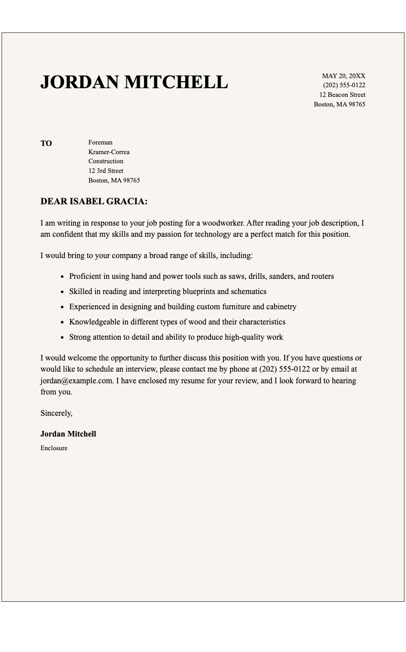 Construction work cover letter - Professional serif cover letter template for construction job applications with structured header, recipient block, and opinionated body layout.